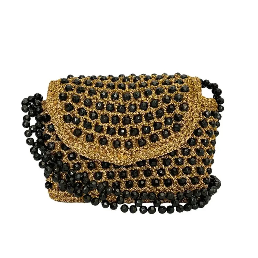 Vintage Italian Gold Crochet Black Bead Glam Evening Bag - Made in Italy Handbag